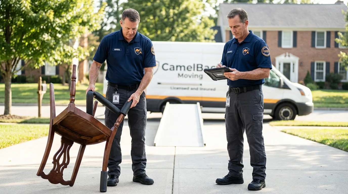 Movers inspecting furniture for damage prevention before loading in Hilliard, FL